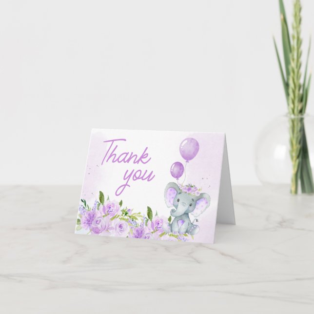 Carte De Remerciements Baby shower Eléphant Floral Violet (Devant)