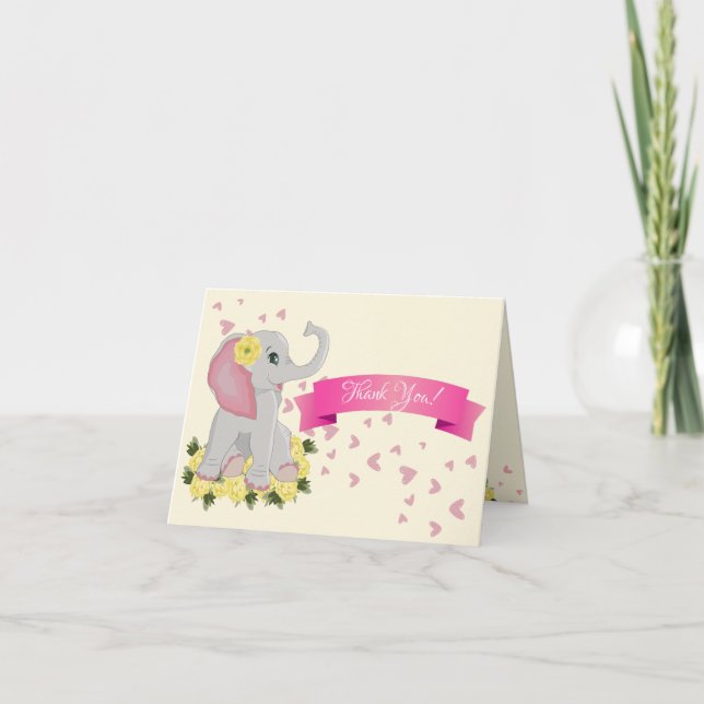 Carte De Remerciements Baby shower Eléphant mignon Aquarelle Roses Jaunes (Devant)