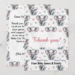 Carte De Remerciements Baby Shower Éléphant Rose Aquarelle