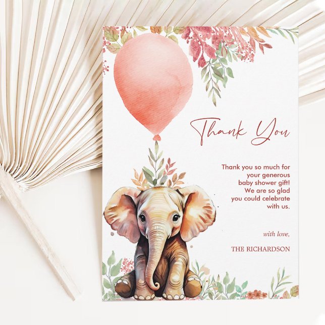 Carte De Remerciements Baby shower Eléphant rose Pink Terracotta (Blush Pink Terracotta Balloon Elephant Baby Shower Thank You Card)