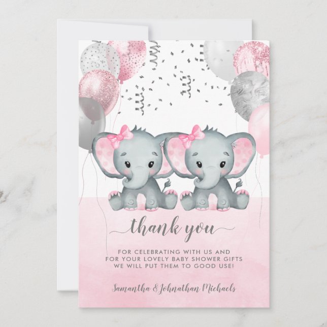 Carte De Remerciements Baby shower Eléphant Twin Girl Rose Cute (Devant)