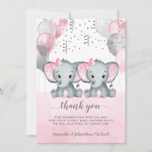 Carte De Remerciements Baby shower Eléphant Twin Girl Rose Cute