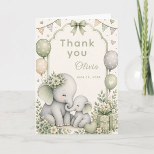 Carte De Remerciements Baby-Shower Éléphant Vert Sage