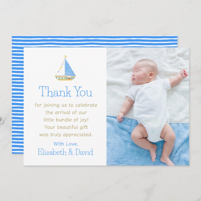 Carte De Remerciements Baby shower en voilier bleu et blanc (Devant / Derrière)