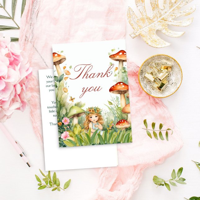 Carte De Remerciements Baby shower enchanté de fées de jardin (Enchanted forest garden fairy baby shower thank you card mushrooms cute butterfly fairy thank you)