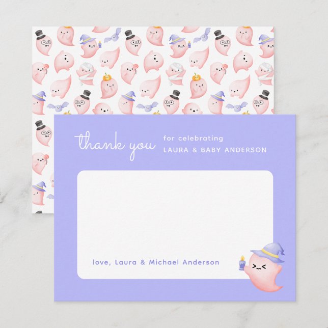Carte De Remerciements Baby shower Fantôme rose d'Halloween violet (Devant / Derrière)