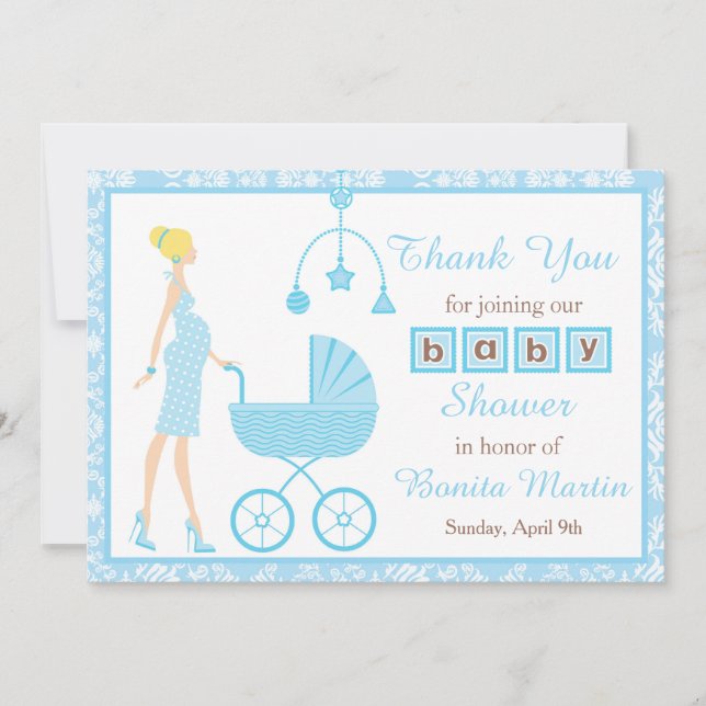 Carte De Remerciements Baby shower femme bleu Damask Blonde (Devant)