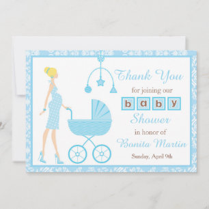 Carte De Remerciements Baby shower femme bleu Damask Blonde