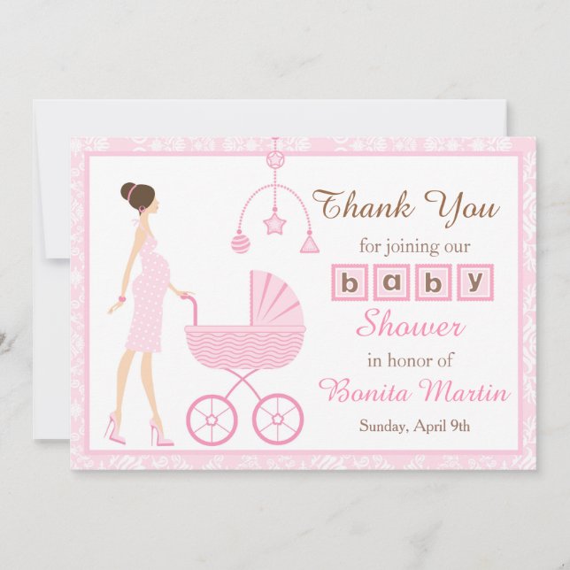 Carte De Remerciements Baby shower femme femme rose Damask Brunette (Devant)