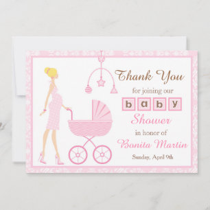 Carte De Remerciements Baby shower femme rose Damask Blonde