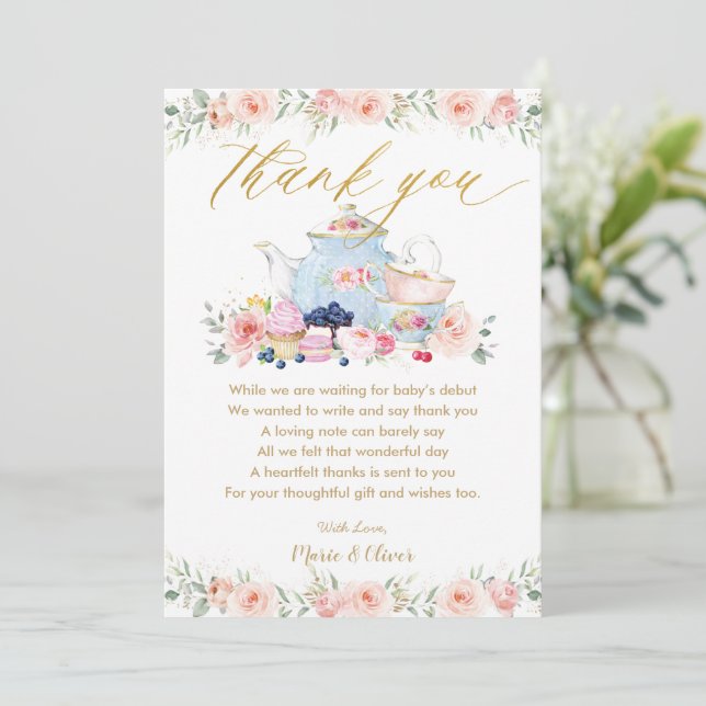 Carte De Remerciements Baby Shower Fête d'anniversaire Fleur Rose Tendre  (Debout devant)