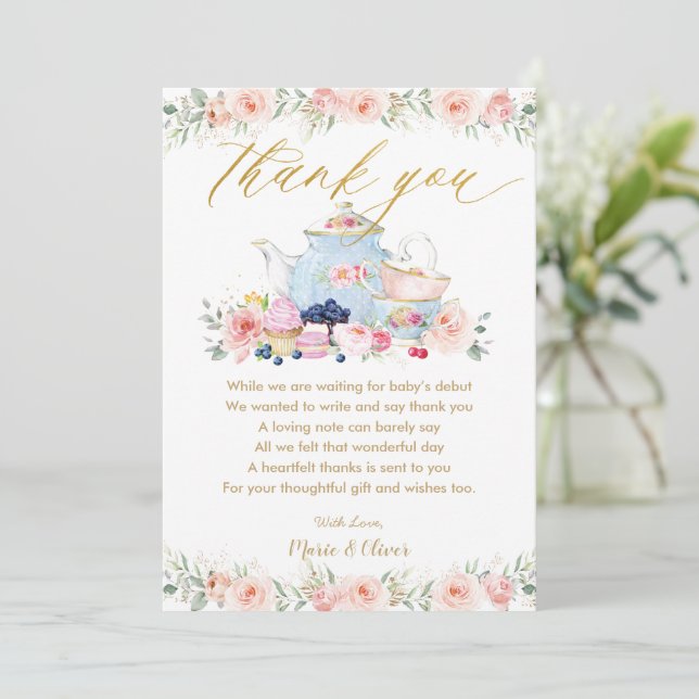 Carte De Remerciements Baby Shower Fête d'anniversaire Fleurs Rose Tendre (Debout devant)