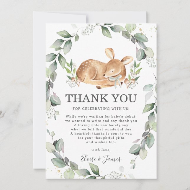 Carte De Remerciements Baby shower feuillus de Woodland Deer (Devant)