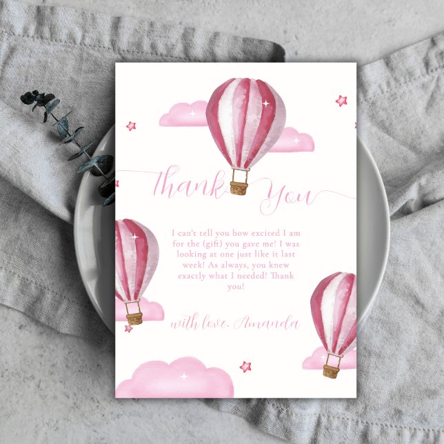 Carte De Remerciements Baby shower Fille à Ballon Rose Elegant Hot Air (Pink Elegant Hot Air Balloon Girl Baby Shower Thank You Card)