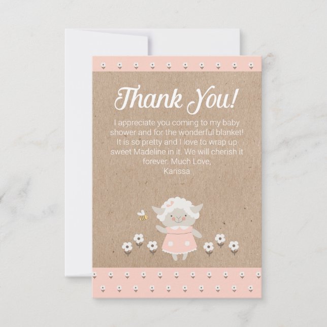 Carte de remerciements Baby shower fille agneau ro (Devant)