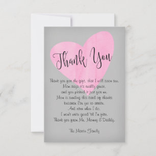 Carte De Remerciements Baby Shower Fille Coeur Rose Aquarelle Moderne