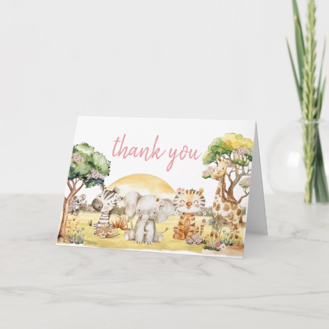 Carte De Remerciements Baby shower Fille Floral Jungle Safari Animaux (Devant)