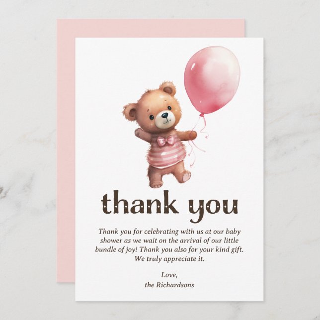 Carte De Remerciements Baby shower fille ours en peluche (Devant / Derrière)