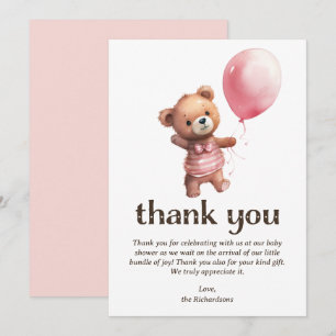 Carte De Remerciements Baby shower fille ours en peluche