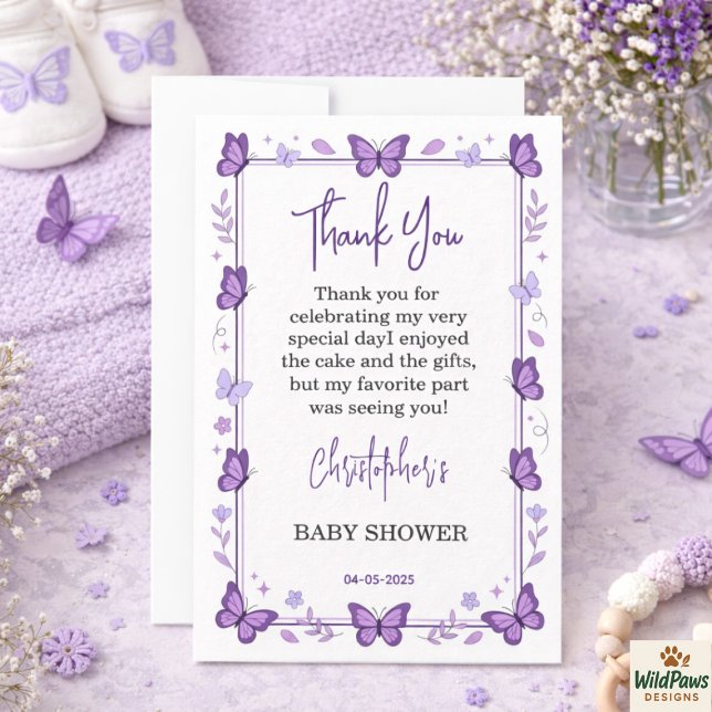 Carte De Remerciements Baby shower Fille Papillon Violet (Purple Butterfly Baby Girl Baby Shower Thank You Card
)