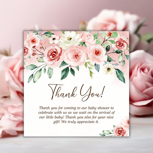 Carte De Remerciements Baby shower fille rose rose rose pâle (Blush Pink Rose Watercolor Girl Baby Shower Thank You Card)