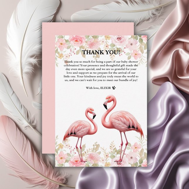 Carte De Remerciements Baby shower Flamant rose rose floral élégant (Créateur téléchargé)