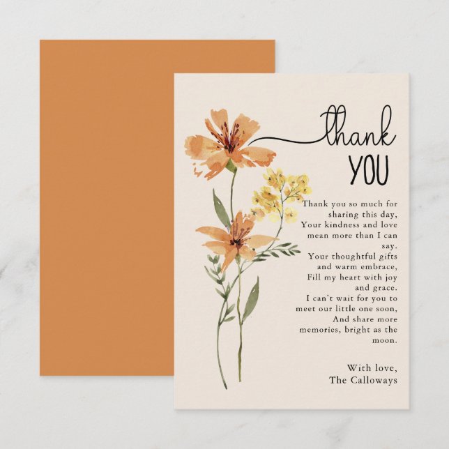 Carte De Remerciements Baby Shower Fleur Sauvage Mignonne (Devant / Derrière)