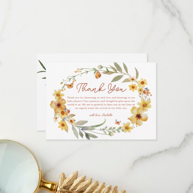 Carte De Remerciements Baby shower Fleur sauvage Wreath Boho (Devant/Arrière en situation)