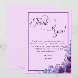 Carte De Remerciements Baby Shower Fleur Violette Aquarelle Élégante