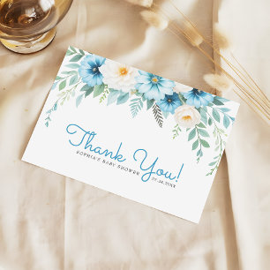 Carte De Remerciements Baby Shower Fleurs Bleu Pastel Doux