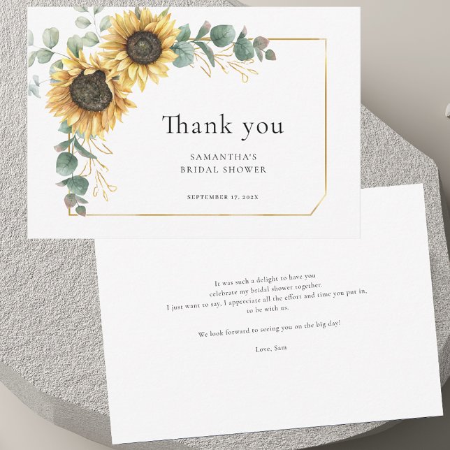 Carte De Remerciements Baby Shower Fleurs de Tournesol et Eucalyptus (Sunflower Eucalyptus Greenery Bridal Shower Thank You Card)