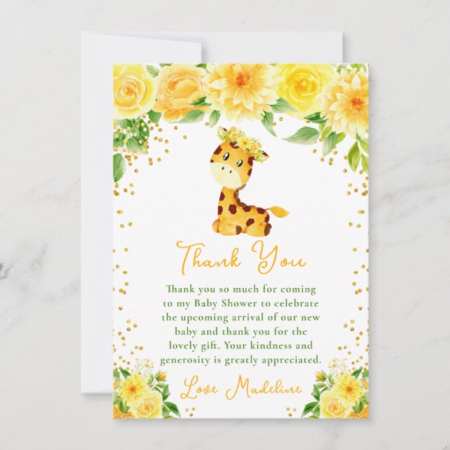 Carte De Remerciements Baby Shower Fleurs Jaunes Girafe (Devant)