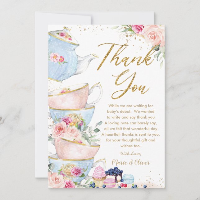 Carte De Remerciements Baby Shower Fleurs Roses pour Bébé Fille en Rose P (Devant)