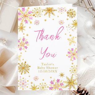 Carte De Remerciements Baby Shower Flocons de Neige Roses et Dorés