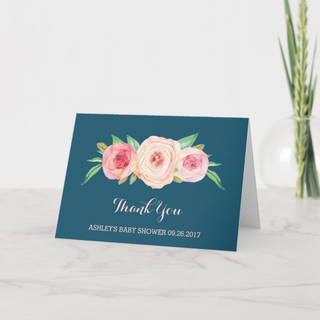 Carte De Remerciements Baby shower floral bleu bleu bleu marine rose Merc (Devant)