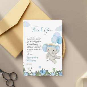 Carte De Remerciements Baby shower Floral bleu bleu Eléphant