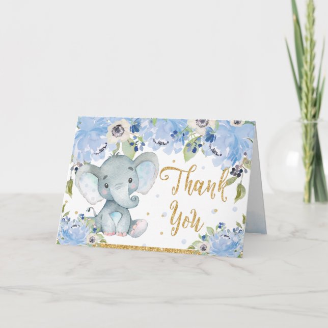 Carte De Remerciements Baby shower Floral bleu Eléphant (Devant)