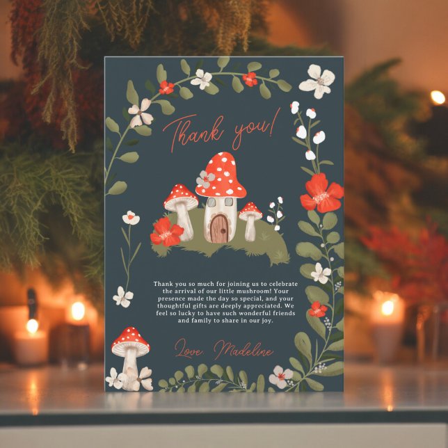 Carte De Remerciements Baby shower floral de champignons de bois (Whimsical woodland mushrooms floral baby shower thank you card)
