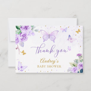 Carte De Remerciements Baby shower floral de papillon d'or violet