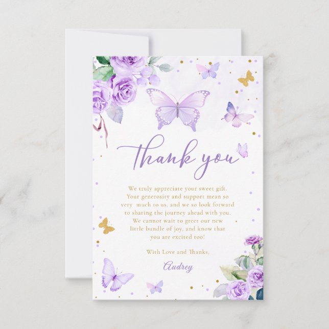 Carte De Remerciements Baby shower floral de papillon d'or violet (Devant)