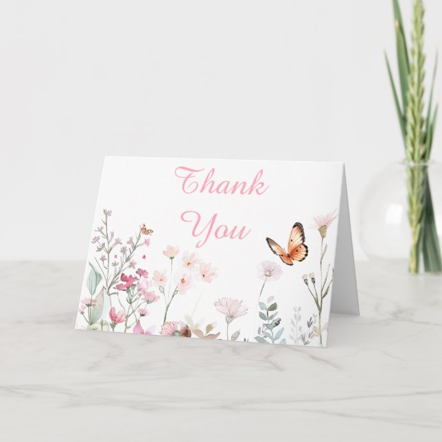Carte De Remerciements Baby shower floral de papillon rose profond du pri (Devant)