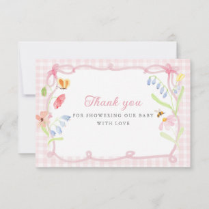 Carte De Remerciements Baby Shower Floral de Printemps à Carreaux Roses