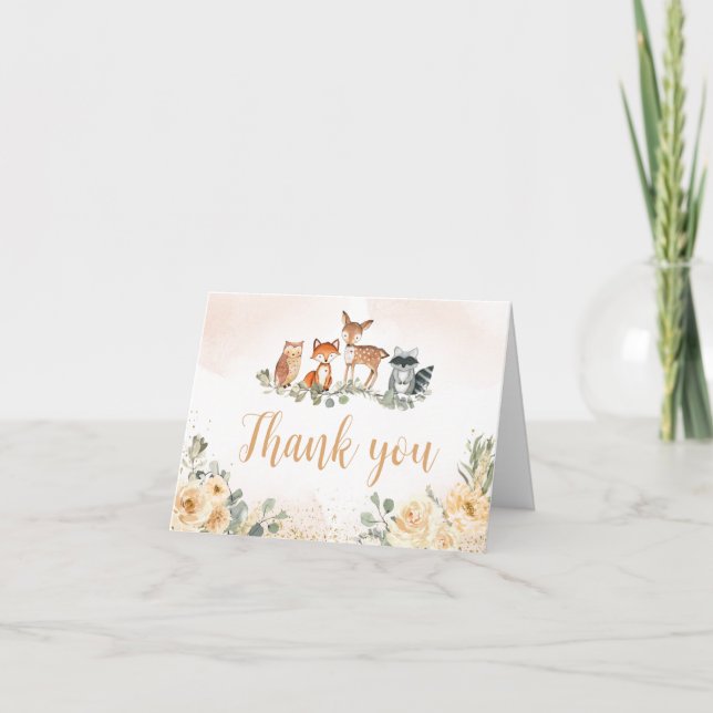 Carte De Remerciements Baby shower Floral des animaux de bois (Devant)