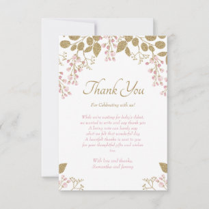 Carte De Remerciements Baby shower Floral d'or rose