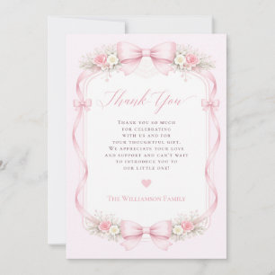 Carte De Remerciements Baby Shower Floral Élégant Nœud Papillon Rose Coqu