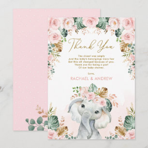 Carte De Remerciements Baby shower floral flou d'éléphant de Boho tropica