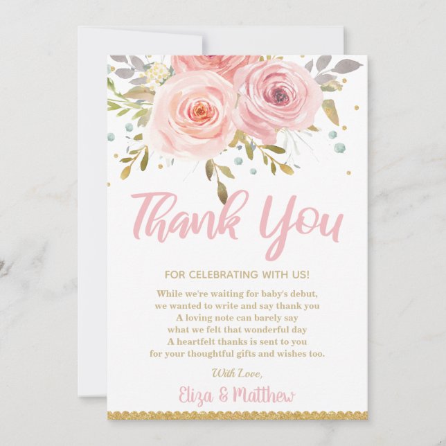 Carte De Remerciements Baby shower floral rose (Devant)
