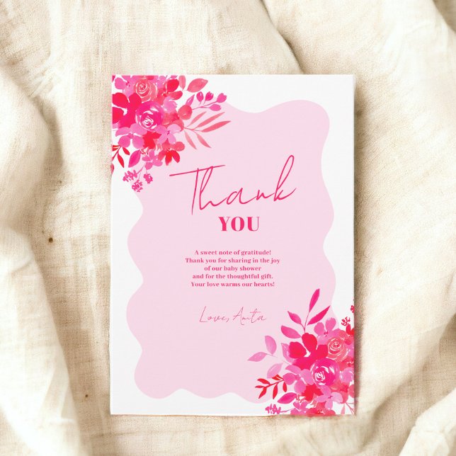 Carte De Remerciements Baby shower floral rose chaud (Hot pink wavy frame red pink floral baby shower thank you card)