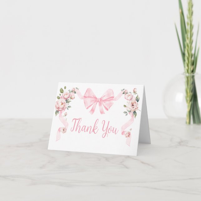 Carte De Remerciements Baby shower floral rose Coquette Bow (Devant)