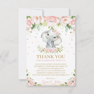 Carte De Remerciements Baby shower floral rose d'éléphant doux et chic